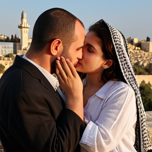 **A romantic scene in Israel:** Capture a loving moment between a Jewish and Palestinian couple against the backdrop of the Jerusalem Old City. The lighting should be warm and evocative.
