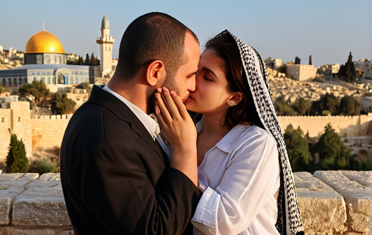 **A romantic scene in Israel:** Capture a loving moment between a Jewish and Palestinian couple against the backdrop of the Jerusalem Old City. The lighting should be warm and evocative.