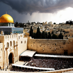 **Image:** A panoramic view of Jerusalem showcasing the Western Wall, Dome of the Rock, and Church of the Holy Sepulchre side-by-side under a turbulent sky, symbolizing the intersection of Judaism, Islam, and Christianity in the conflict.