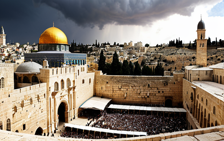 **Image:** A panoramic view of Jerusalem showcasing the Western Wall, Dome of the Rock, and Church of the Holy Sepulchre side-by-side under a turbulent sky, symbolizing the intersection of Judaism, Islam, and Christianity in the conflict.