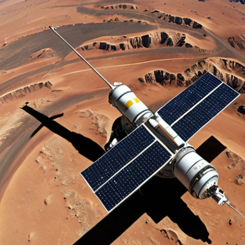 **A high-resolution image of an Israeli spy satellite orbiting Earth, with the Negev desert visible below. Focus on the advanced technology and sleek design of the satellite.**