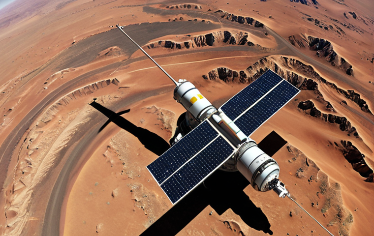 **A high-resolution image of an Israeli spy satellite orbiting Earth, with the Negev desert visible below. Focus on the advanced technology and sleek design of the satellite.**