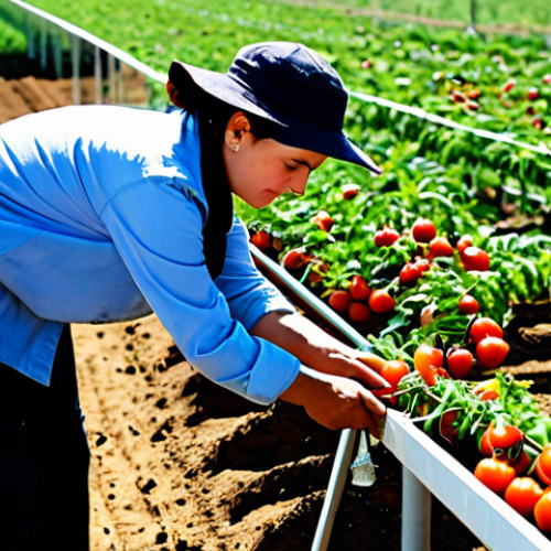 Home 24 **
"A woman farmer, fully clothed in modest work attire, inspects a modern drip irrigation system in a field of cherry tomatoes in Israel, safe for work, appropriate content, professional photography, well-formed hands, natural proportions, perfect anatomy, bright sunny day, clear focus on technology and crops, family-friendly, sustainable agriculture."
**