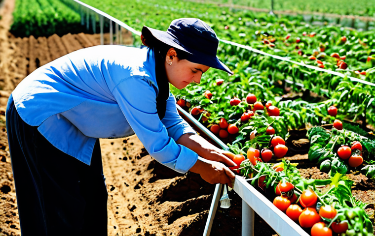 **

"A woman farmer, fully clothed in modest work attire, inspects a modern drip irrigation system in a field of cherry tomatoes in Israel, safe for work, appropriate content, professional photography, well-formed hands, natural proportions, perfect anatomy, bright sunny day, clear focus on technology and crops, family-friendly, sustainable agriculture."

**