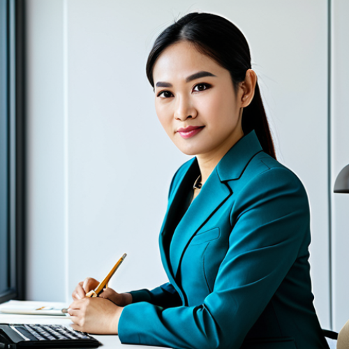 Home 23 **
"A professional Thai businesswoman in a modern, modest business suit, sitting at a clean desk in a bright, contemporary office in Bangkok, fully clothed, appropriate attire, safe for work, perfect anatomy, natural proportions, professional photography, high quality, family-friendly."
**
