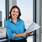 **

A professional female architect, fully clothed in a stylish yet modest business casual outfit, standing confidently in a modern, light-filled architectural office. Large windows overlook a vibrant cityscape.  She is holding architectural plans and smiling slightly.  Perfect anatomy, correct proportions, natural pose, well-formed hands, proper finger count, natural body proportions, safe for work, appropriate content, professional, family-friendly.

**
