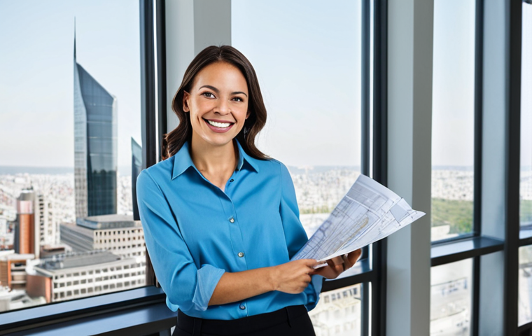 **
A professional female architect, fully clothed in a stylish yet modest business casual outfit, standing confidently in a modern, light-filled architectural office. Large windows overlook a vibrant cityscape. She is holding architectural plans and smiling slightly. Perfect anatomy, correct proportions, natural pose, well-formed hands, proper finger count, natural body proportions, safe for work, appropriate content, professional, family-friendly.
**