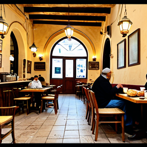 Home 21 **Prompt:** A cozy cafe interior in Jerusalem's Old City, warm lighting, wooden furniture, people enjoying coffee and pastries, fully clothed, modest attire, appropriate content, safe for work, perfect anatomy, natural proportions, professional photography, high quality.