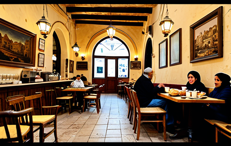 **Prompt:** A cozy cafe interior in Jerusalem's Old City, warm lighting, wooden furniture, people enjoying coffee and pastries, fully clothed, modest attire, appropriate content, safe for work, perfect anatomy, natural proportions, professional photography, high quality.